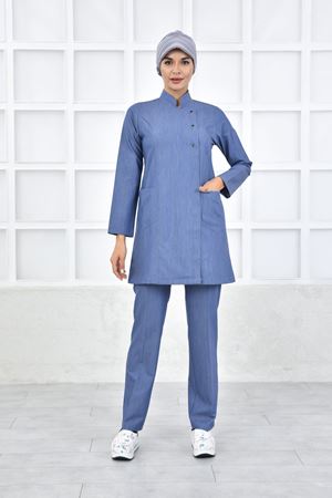 Kare Kruvaze Kadın Tesettür Takım - Kot Rengi