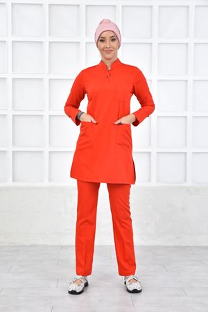 Yarım Hakim Yaka Kadın Tesettür Takım - Kırmızı