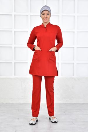 Yarım Hakim Yaka Kadın Tesettür Takım - Koyu Kırmızı