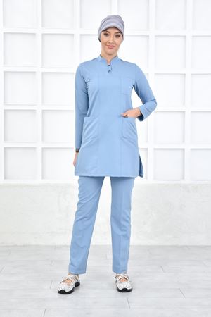 Yarım Hakim Yaka Kadın Tesettür Takım - Bulut Mavi