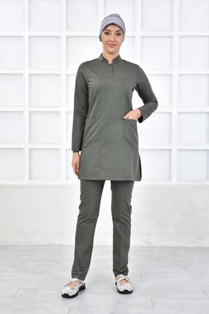 Yarım Hakim Yaka Kadın Tesettür Takım - Haki