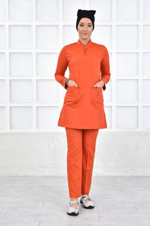 Yarım Hakim Yaka Kadın Tesettür Takım - Turuncu