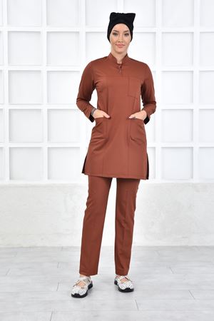 Yarım Hakim Yaka Kadın Tesettür Takım - Kiremit