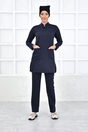 Yarım Hakim Yaka Kadın Tesettür Takım - Lacivert