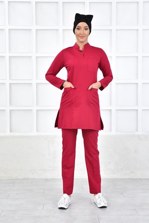 Santana Yarım Hakim Yaka Kadın Tesettür Takım - Koyu Fuşya