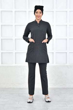 Santana Yarım Hakim Yaka Kadın Tesettür Takım - Koyu Gri