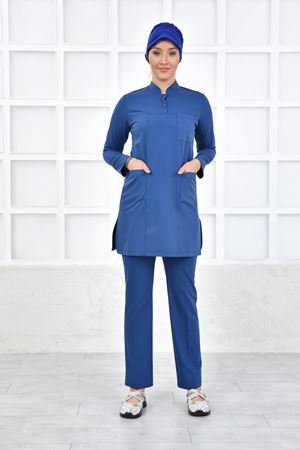 Yarım Hakim Yaka Kadın Tesettür Takım - Petrol Mavi