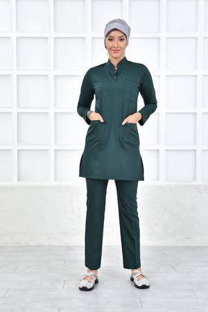 Yarım Hakim Yaka Kadın Tesettür Takım - Zümrüt Yeşili