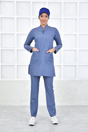 Yarım Hakim Yaka Kadın Tesettür Takım - Kot Rengi