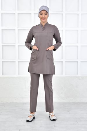 Yarım Hakim Yaka Kadın Tesettür Takım - Koyu Bej