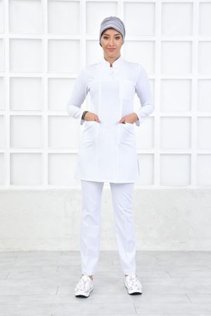 Yarım Hakim Yaka Kadın Tesettür Takım - Beyaz