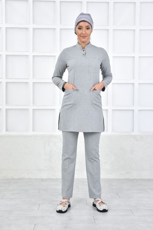 Santana Yarım Hakim Yaka Kadın Tesettür Takım - Açık Gri