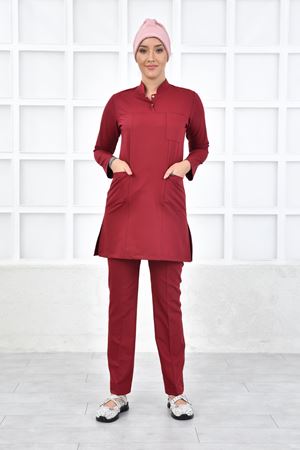 Yarım Hakim Yaka Kadın Tesettür Takım - Bordo