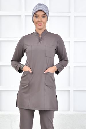 Yarım Hakim Yaka Kadın Tesettür Üst - Koyu Bej