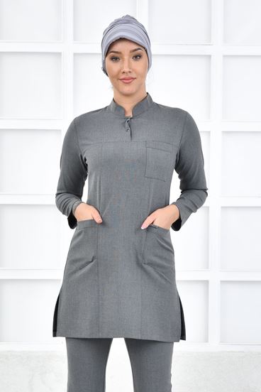 Santana Yarım Hakim Yaka Kadın Tesettür Üst - Orta Gri