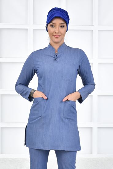 Yarım Hakim Yaka Kadın Tesettür Üst - Kot Rengi