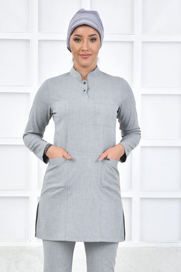 Santana Yarım Hakim Yaka Kadın Tesettür Üst - Açık Gri
