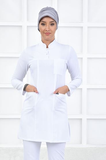 Yarım Hakim Yaka Kadın Tesettür Üst - Beyaz