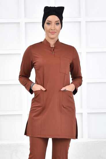 Yarım Hakim Yaka Kadın Tesettür Üst - Kiremit