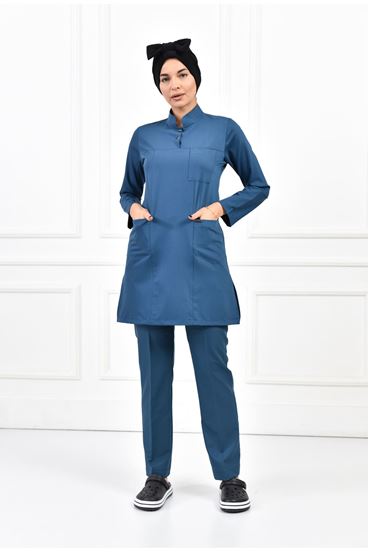 Yarım Hakim Yaka Kadın Tesettür Takım - Petrol Yeşili