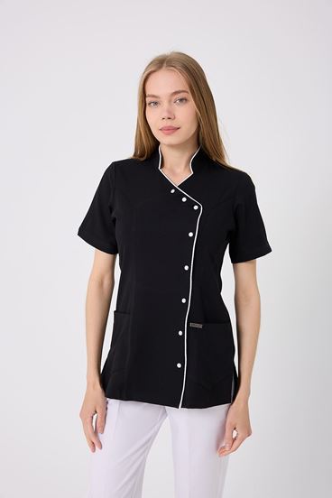 Kruvaze Beyaz Biyeli Kadın Üst - Siyah