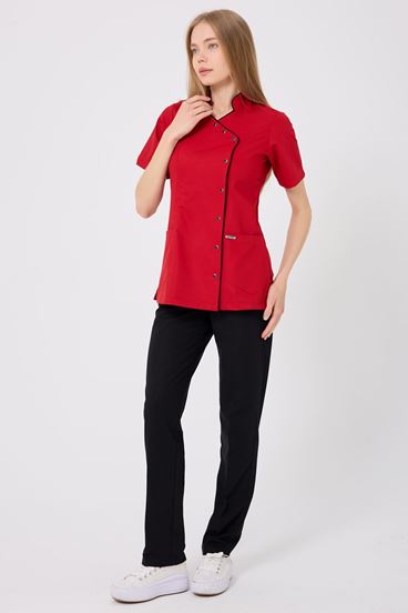 Kruvaze Siyah Biyeli Siyah Pantolonlu Kadın Takım - Kırmızı