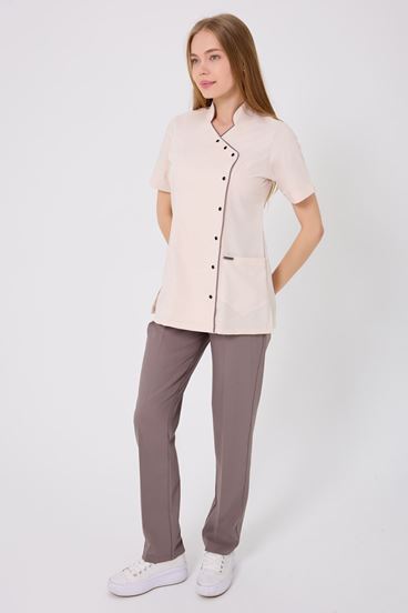 Kruvaze Koyu Bej Biyeli Koyu Bej Pantolonlu Kadın Takım - Bej