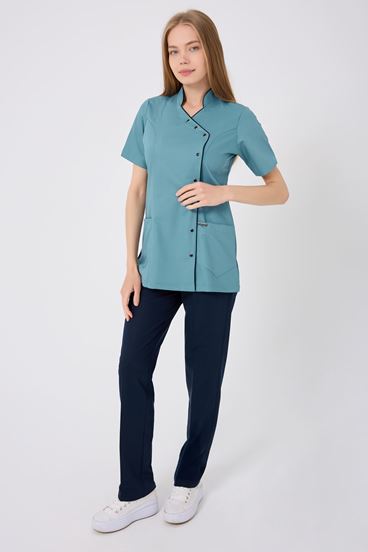 Kruvaze Lacivert Biyeli Lacivert Pantolonlu Kadın Takım - Küf Yeşili