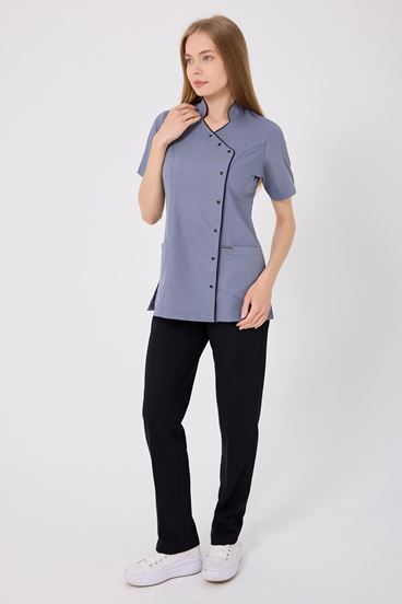 Kruvaze Siyah Biyeli Siyah Pantolonlu Kadın Takım - Gri