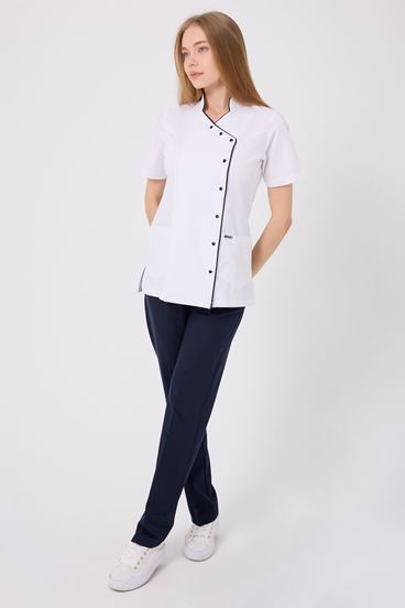 Kruvaze Lacivert Biyeli Lacivert Pantolonlu Kadın Takım - Beyaz