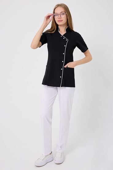 Kruvaze Beyaz Biyeli Beyaz Pantolonu Kadın Takım - Siyah