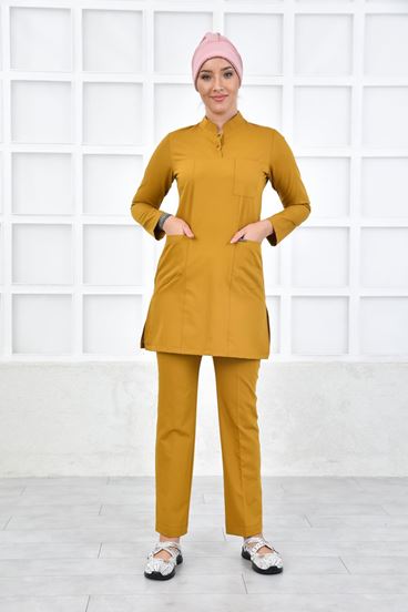 Yarım Hakim Yaka Kadın Tesettür Takım - Hardal