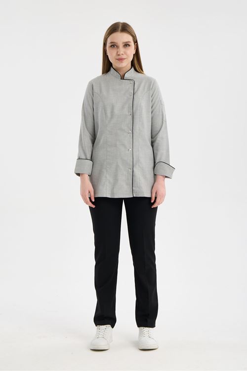 Kadın Chef Üniforma Takım Açık Gri-Siyah