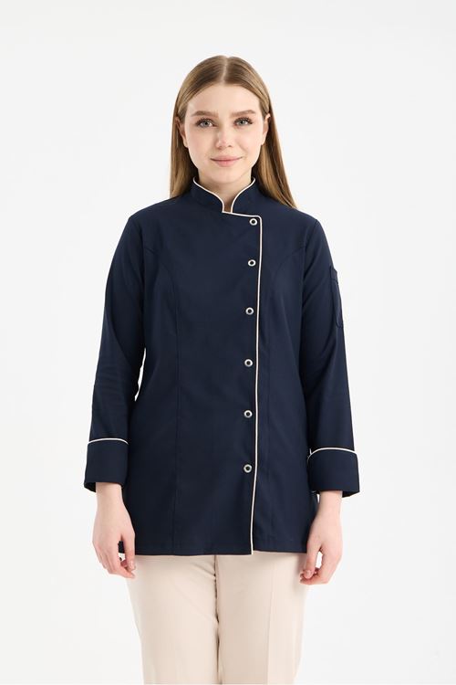 Kadın Chef Üniforma Tek Üst Lacivert  Beyaz Biyeli